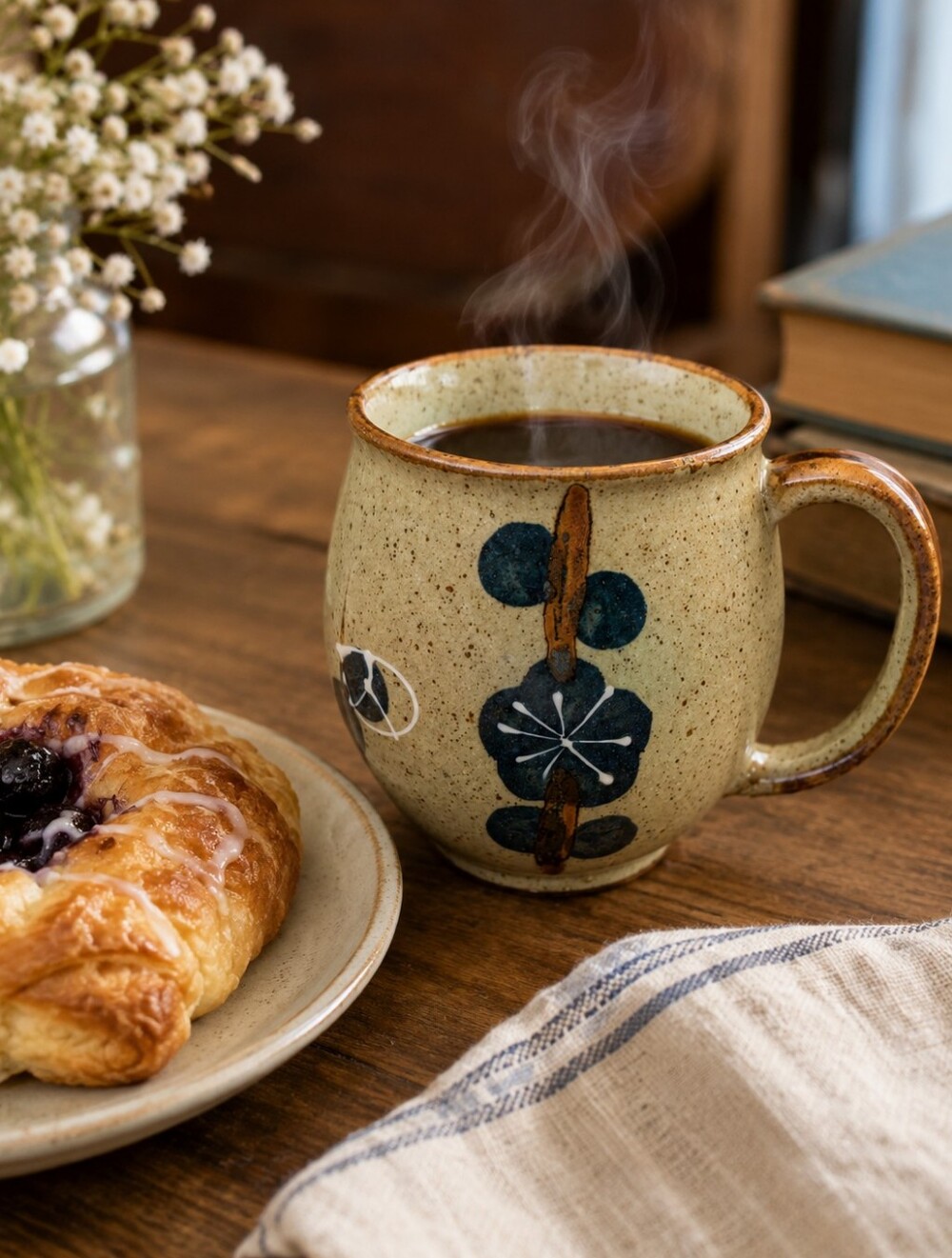 Speckled Cream Stoneware Mug with Blue Floral Accent Artisan